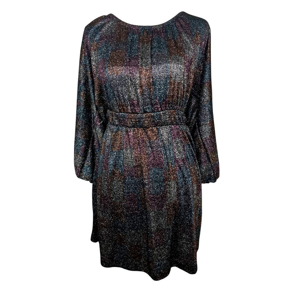Mark Shimmering Metallic Multi-Color Tunic Dress With Elastic Waist & Long Sleev